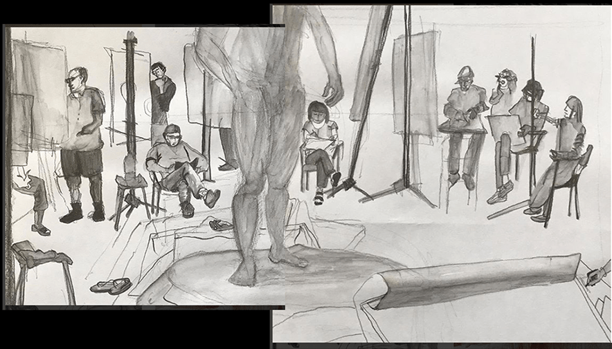 "RDA studio composite," water soluble graphite, 5 x 11 in.
